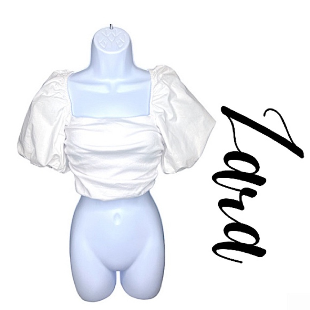 NWT! Zara Bright White Ribbed Knit Crop Top with Puff Sleeves Womens Size M